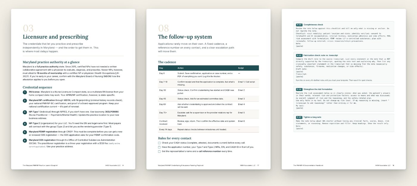 Sample pages: Maryland licensure and prescribing sequence, the credentialing follow-up system, and AI documentation prompts